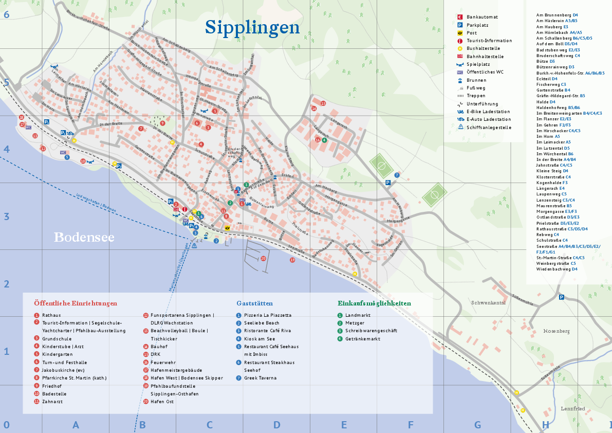 Ortsplan von Sipplingen mit Straßenverzeichnis und Einrichtungen