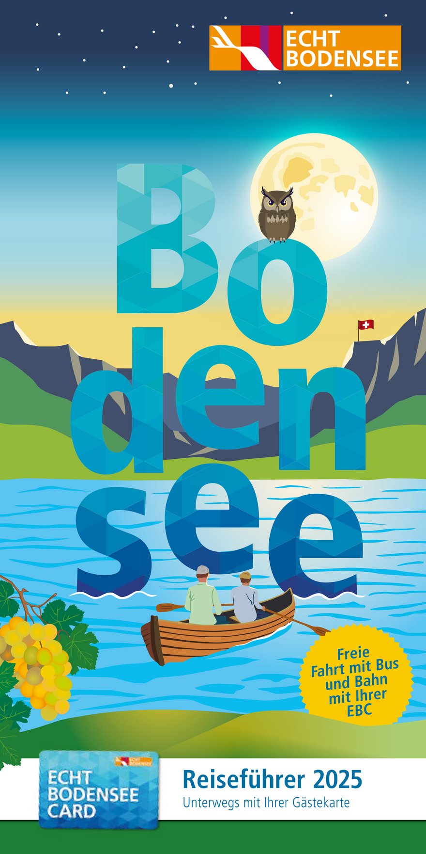 Titelbild des Reiseführers mit Zeichnung vom Boot mit 2 Personen auf dem Bodensee, Bergpanorama und Weintraube